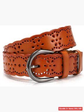 Wide Leather Belt with Hollow Flower Pattern, 1.5 Inch, Size L Fits 35-44 Inch
